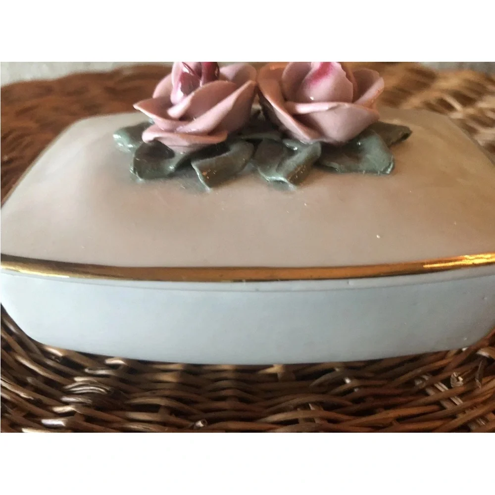 Vintage AJ Uffrecht Bone China Trinket Box Pink Rose Gold Leaf Trim Germany